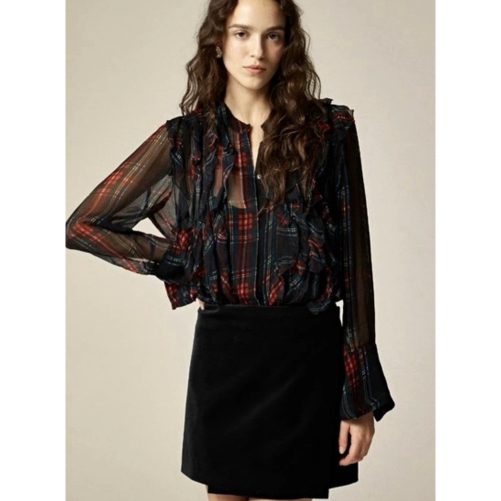 J.Crew Ruffle Front Top In Tartan Crinkle Cupro Sz 18 Plaid Sheer Missing Tank